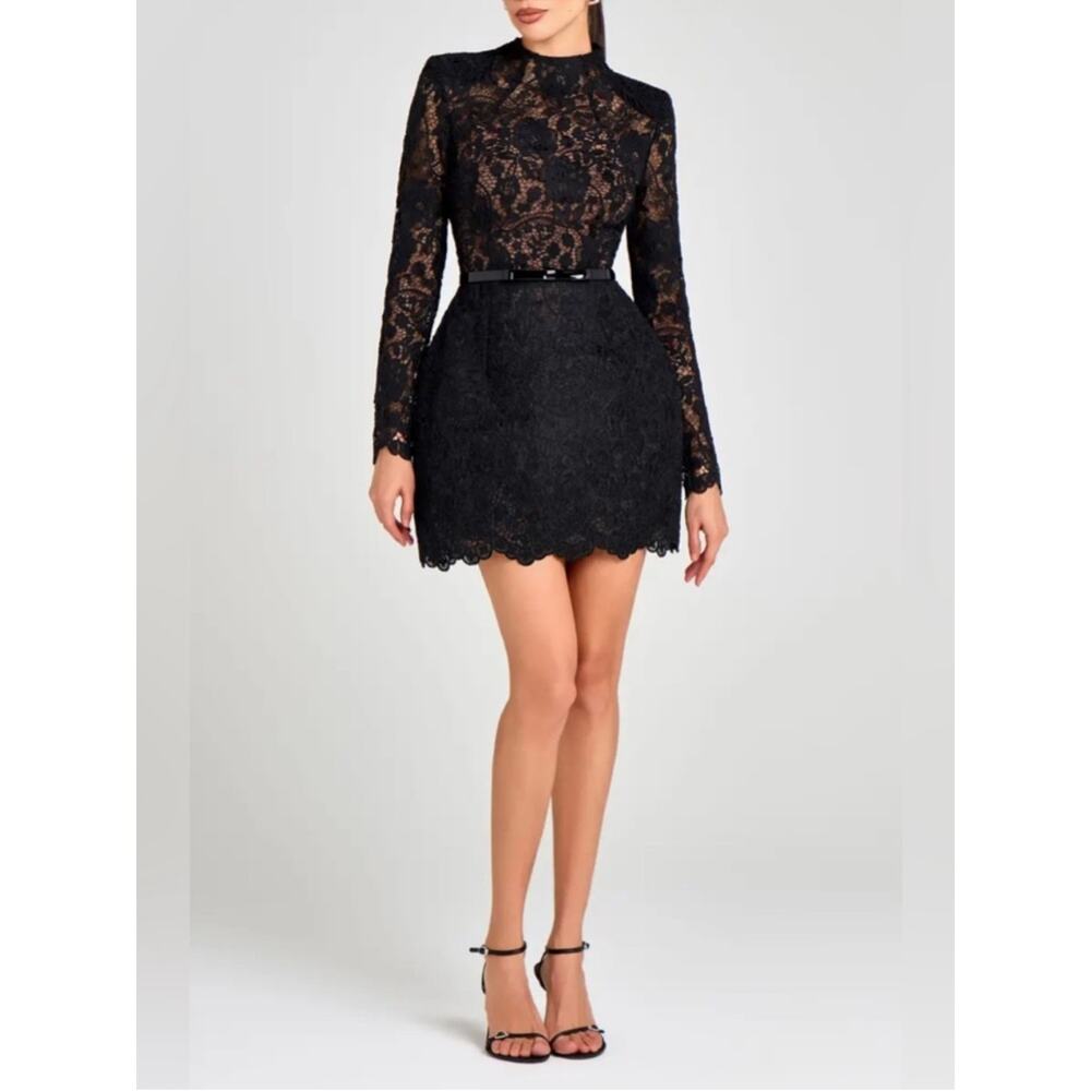 Nadine Merabi Addison Long Sleeve Lace Overlay Cocktail Minidress in Black 4 - Picture 8 of 8
